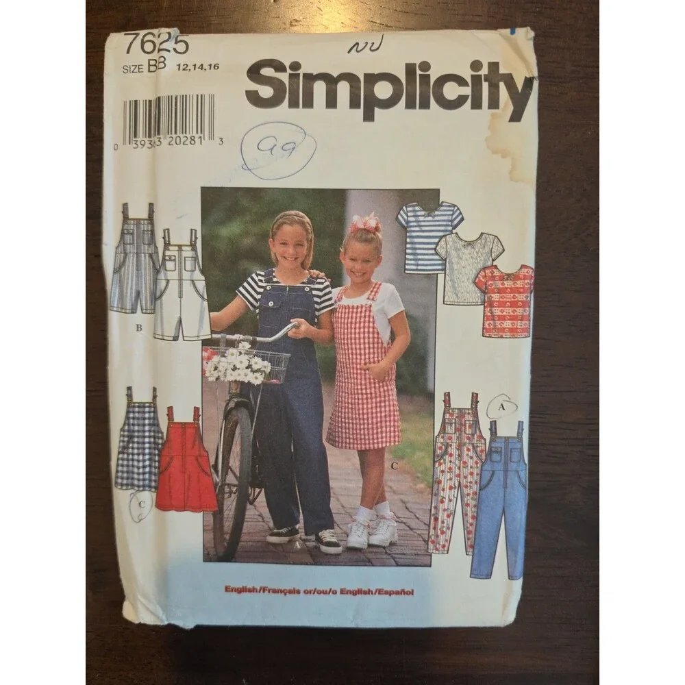 Simplicity VTG Overalls, Jumper, Top Sewing Pattern 7625 Sz BB 12, 14, 16 Uncut